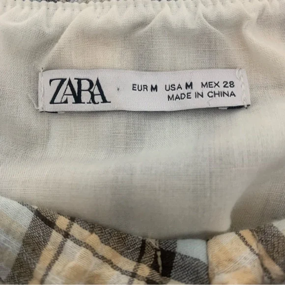 Zara Women's M Blue Cream Plaid Ruched Chic Cottagecore 3/4 Sleeve Blouse - Picture 8 of 10